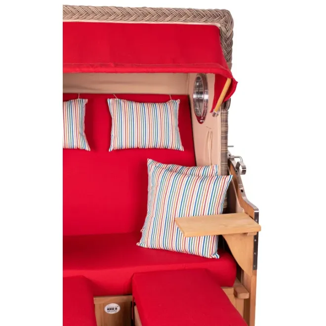 Teak Strandkorb Keitum Business 2 - Sitzer Blau Grau kariert Geflecht Mokka