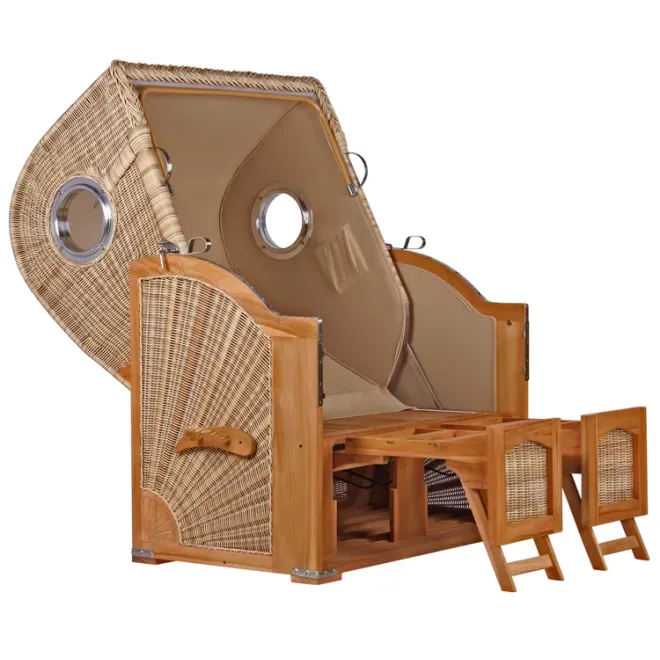 2er Teak Strandkorb Dangas. 125 cm Breit -ca. 170cm hoch. Mit Bullaugen und Schutzhaube - Komplettset