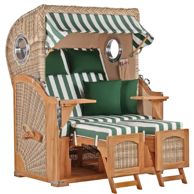 2er Teak Strandkorb Dangas. 125 cm Breit ✪ ca. 170cm hoch. Mit Bullaugen und Schutzhaube - Komplettset