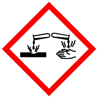 Achtung: Biozidprodukt kann Haut und Augen schwer schädigen und Metalle angreifen – Gefahrensymbol Ätzend