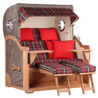 Teak Strandkorb Premium ✪ Massive Qualitaet ✪ Hochwertiges Teak Holz ✪ Bullaugen ✪ Rollen ✪ Schutzhaube ✪ Rückholmechanismus