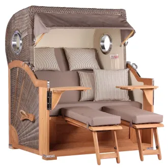 Teak Strandkorb Premium ✪ Massive Qualitaet ✪ Hochwertiges Teak Holz ✪ Bullaugen ✪ Rollen ✪ Schutzhaube ✪ Rückholmechanismus