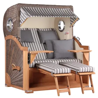 Teak Strandkorb Premium ✪ Massive Qualitaet ✪ Hochwertiges Teak Holz ✪ Bullaugen ✪ Rollen ✪ Schutzhaube ✪ Rückholmechanismus