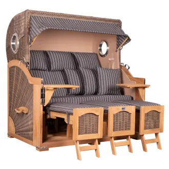 Strandkorb Dangast Teak 3er XXL 170cm breit ✪ Premiumqualität ✪ Bullaugen ✪ Rollen ✪ Schutzhaube ✪ Rückholmechanismus