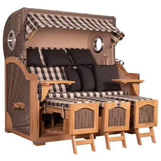 Strandkorb Dangast Teak 3er XXL 170cm breit ✪ Premiumqualität ✪ Bullaugen ✪ Rollen ✪ Schutzhaube ✪ Rückholmechanismus
