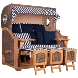 Strandkorb Dangast Teak 3er XXL 170cm breit ✪ Premiumqualität ✪ Bullaugen ✪ Rollen ✪ Schutzhaube ✪ Rückholmechanismus