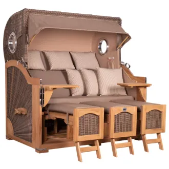 Strandkorb Dangast Teak 3er XXL 170cm breit ✪ Premiumqualität ✪ Bullaugen ✪ Rollen ✪ Schutzhaube ✪ Rückholmechanismus