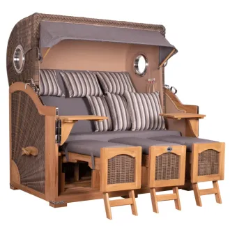 Strandkorb Dangast Teak 3er XXL 170cm breit ✪ Premiumqualität ✪ Bullaugen ✪ Rollen ✪ Schutzhaube ✪ Rückholmechanismus