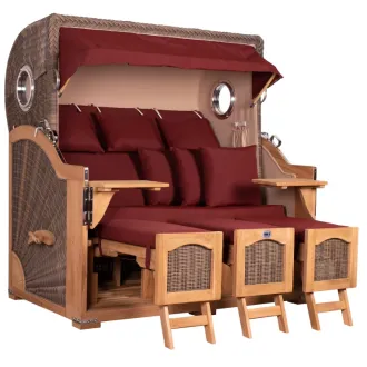 Strandkorb Dangast Teak 3er XXL 170cm breit ✪ Premiumqualität ✪ Bullaugen ✪ Rollen ✪ Schutzhaube ✪ Rückholmechanismus