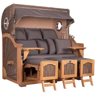 Strandkorb Dangast Teak 3er XXL 170cm breit ✪ Premiumqualität ✪ Bullaugen ✪ Rollen ✪ Schutzhaube ✪ Rückholmechanismus