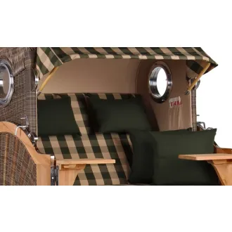 Teak Strandkorb Keitum Business 2 - Sitzer Blau Grau kariert Geflecht Mokka