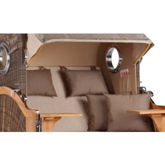 Teak Strandkorb Keitum Business 2 - Sitzer Blau Grau kariert Geflecht Mokka