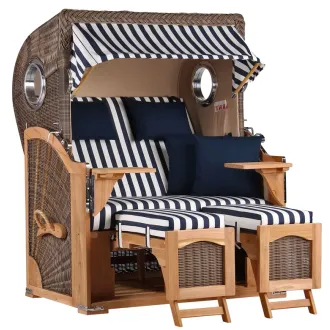 Teak Strandkorb Keitum Business 2-Sitzer Blau Grau kariert Geflecht Mokka