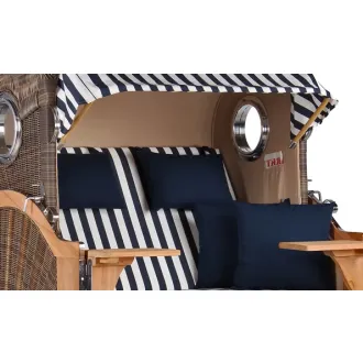 Teak Strandkorb Keitum Business 2 - Sitzer Blau Grau kariert Geflecht Mokka