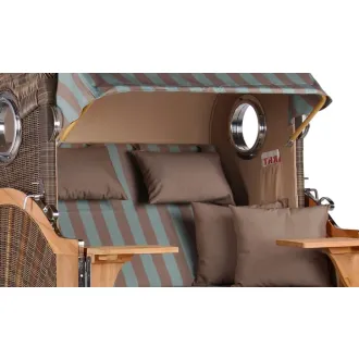 Teak Strandkorb Keitum Business 2 - Sitzer Blau Grau kariert Geflecht Mokka