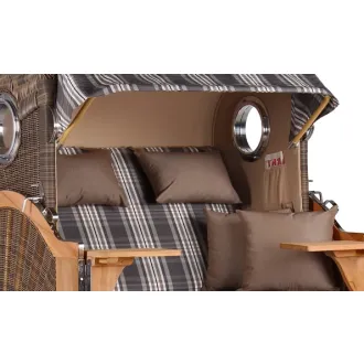 Teak Strandkorb Keitum Business 2 - Sitzer Blau Grau kariert Geflecht Mokka