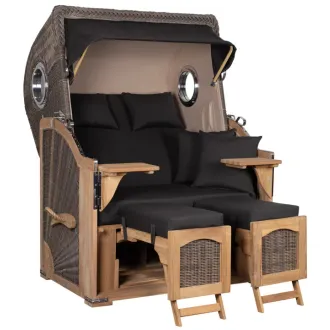 Teak Strandkorb Keitum Business 2-Sitzer Blau Grau kariert Geflecht Mokka