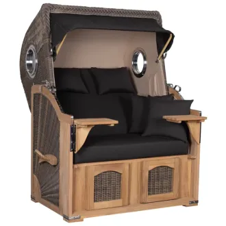 Teak Strandkorb Keitum Business 2 - Sitzer Blau Grau kariert Geflecht Mokka