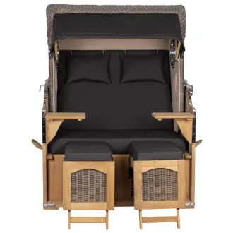 Teak Strandkorb Keitum Business 2 - Sitzer Blau Grau kariert Geflecht Mokka