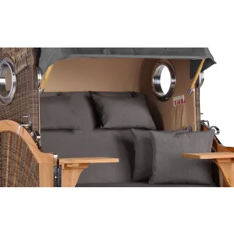 Teak Strandkorb Keitum Business 2 - Sitzer Blau Grau kariert Geflecht Mokka
