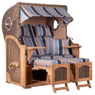 Teak Strandkorb Keitum Business 2-Sitzer Blau Grau kariert Geflecht Mokka
