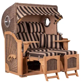 Teak Strandkorb Keitum Business 2-Sitzer Blau Grau kariert Geflecht Mokka