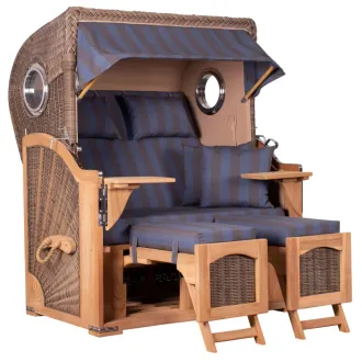 Teak Strandkorb Keitum Business 2-Sitzer Blau Grau kariert Geflecht Mokka