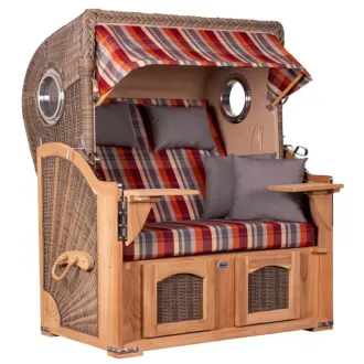 Teak Strandkorb Keitum Business 2 - Sitzer Blau Grau kariert Geflecht Mokka