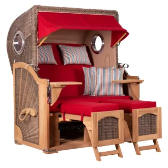 Teak Strandkorb Keitum Business 2-Sitzer Blau Grau kariert Geflecht Mokka