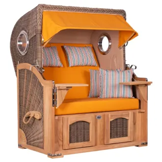 Teak Strandkorb Keitum Business 2 - Sitzer Blau Grau kariert Geflecht Mokka