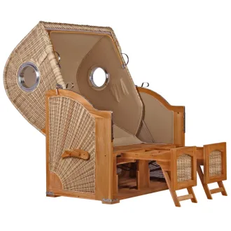 2er Teak Strandkorb Dangas. 125 cm Breit -ca. 170cm hoch. Mit Bullaugen und Schutzhaube - Komplettset