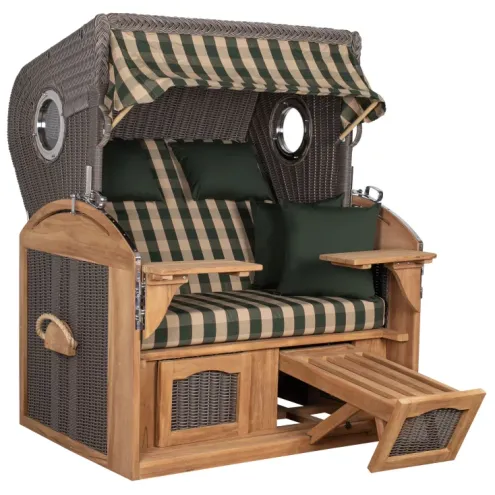 2,5-Sitzer Teak Strandkorb Sylt mit Bullaugen, Aussengeflecht Grey – Dessin 506