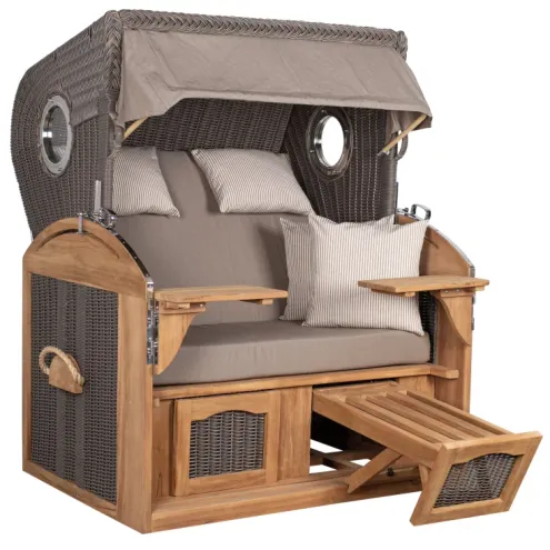 2,5-Sitzer Teak Strandkorb Sylt mit Bullaugen, Aussengeflecht Grey – Dessin 534
