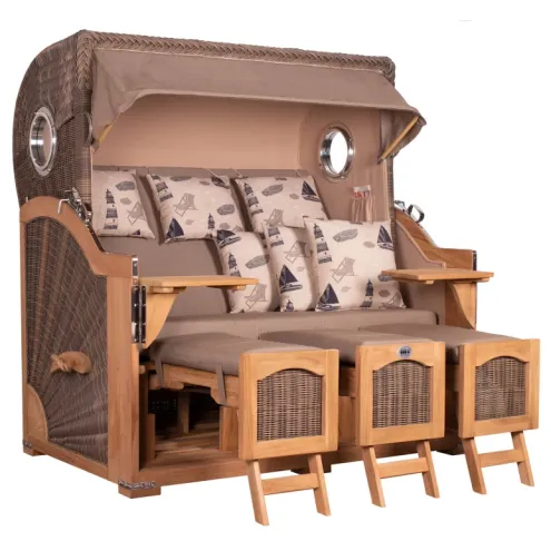 3ER TEAK STRANDKORB DANGAST MIT BULLAUGE GREY DESIGN 540