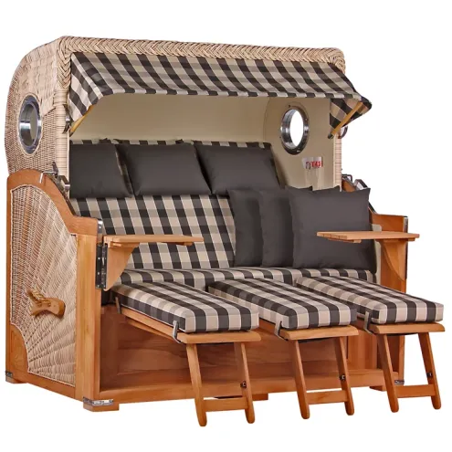 3-SITZER TEAK STRANDKORB BORKUM MIT BULLAUGEN SHELL DESIGN 505