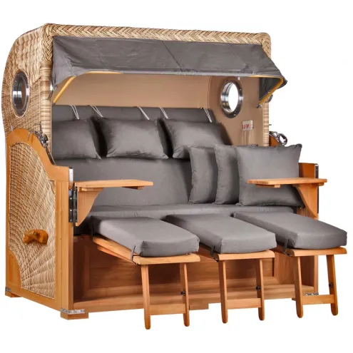 3-SITZER TEAK STRANDKORB BORKUM MIT BULLAUGEN SHELL DESIGN 551