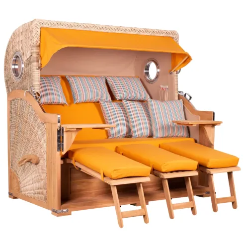 3-SITZER TEAK STRANDKORB BORKUM MIT BULLAUGEN SHELL DESIGN 586