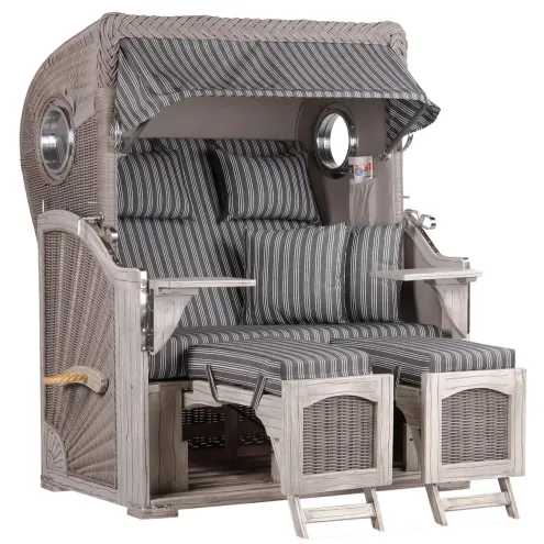 2-SITZER MAHAGONI STRANDKORB MIT BULLAUGEN WASHED GREY DESIGN 500