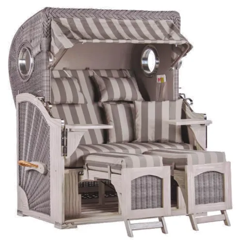 2-SITZER MAHAGONI STRANDKORB MIT BULLAUGEN WASHED GREY DESIGN 537