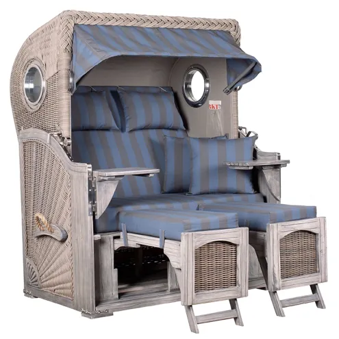 2-SITZER MAHAGONI STRANDKORB MIT BULLAUGEN WASHED GREY DESIGN 582