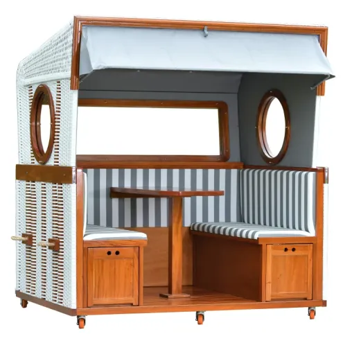 6-SITZER MAHAGONI STRANDKORB LOUNGE MIT BULLAUGEN DESIGN GRAU/WEISS