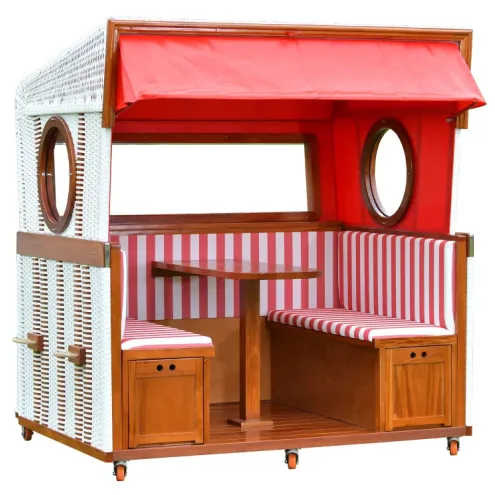 6-SITZER MAHAGONI STRANDKORB LOUNGE MIT BULLAUGEN DESIGN ROT/WEISS